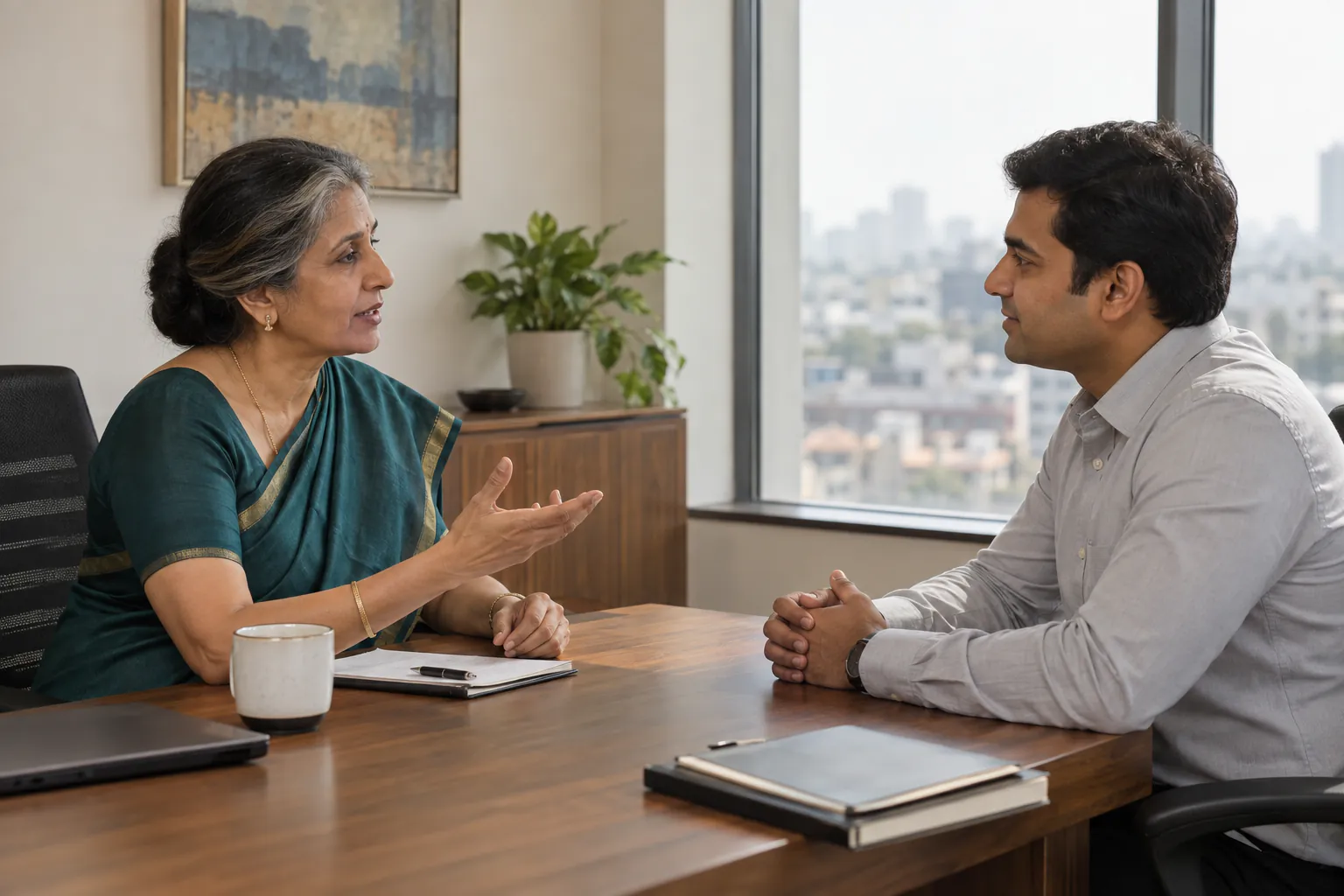 A senior consultant explaining a point to a client across a desk
