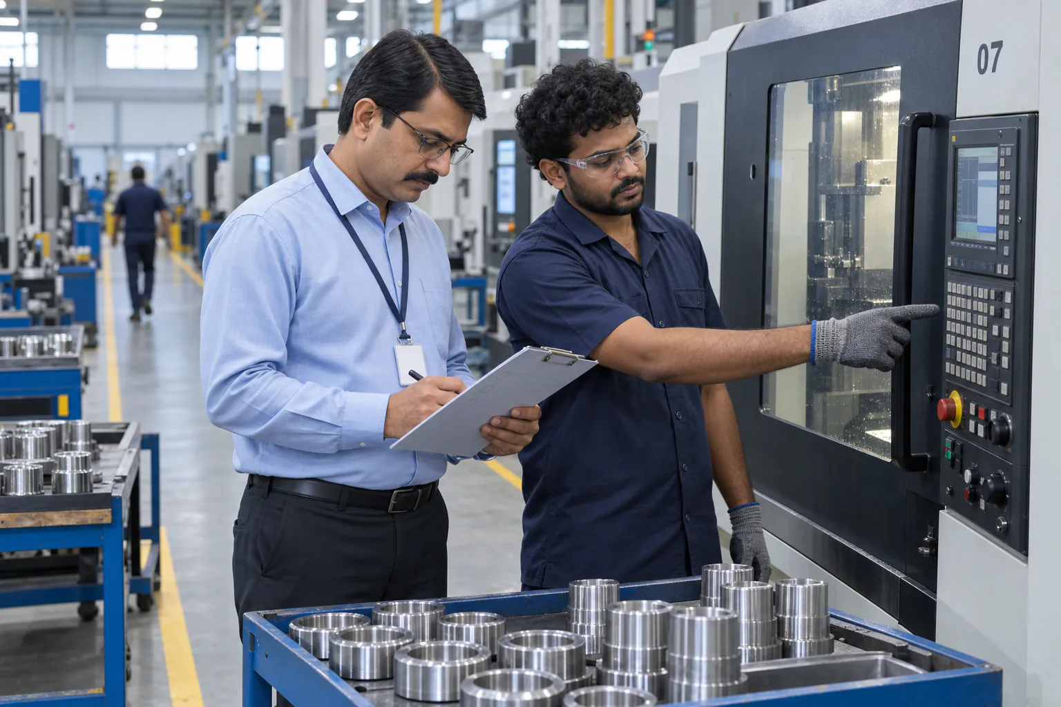 A supervisor and a machine operator reviewing a clipboard together on a factory floor