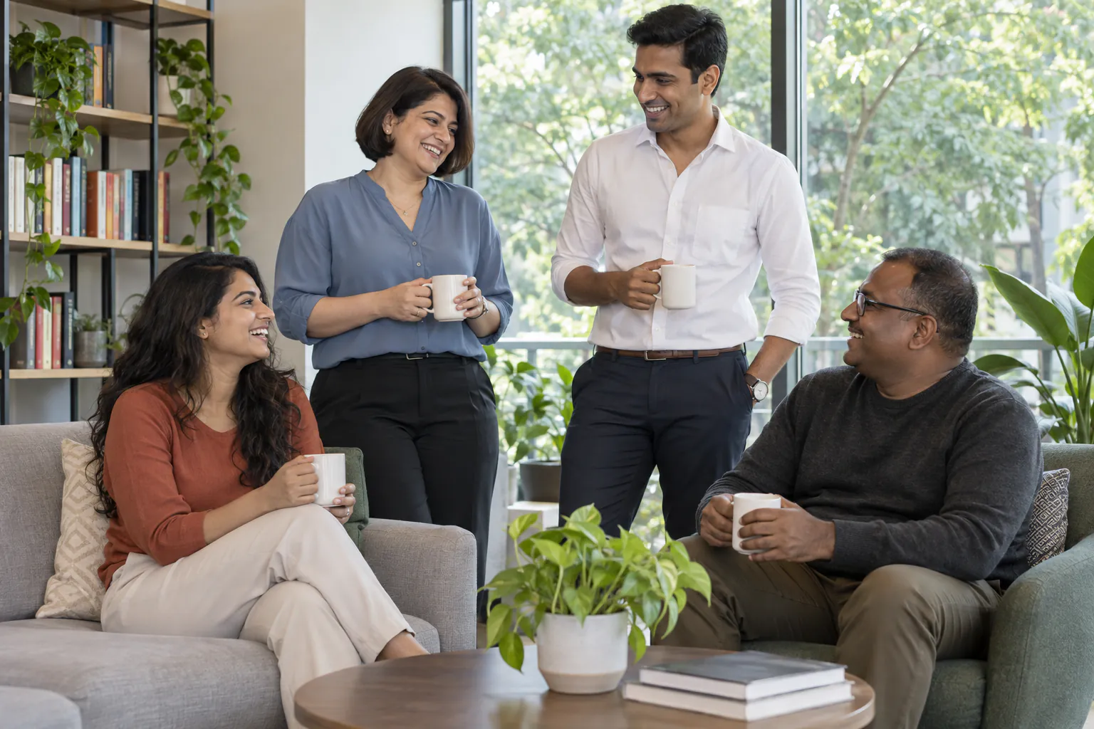 Four colleagues talking and laughing over coffee in an office breakout area