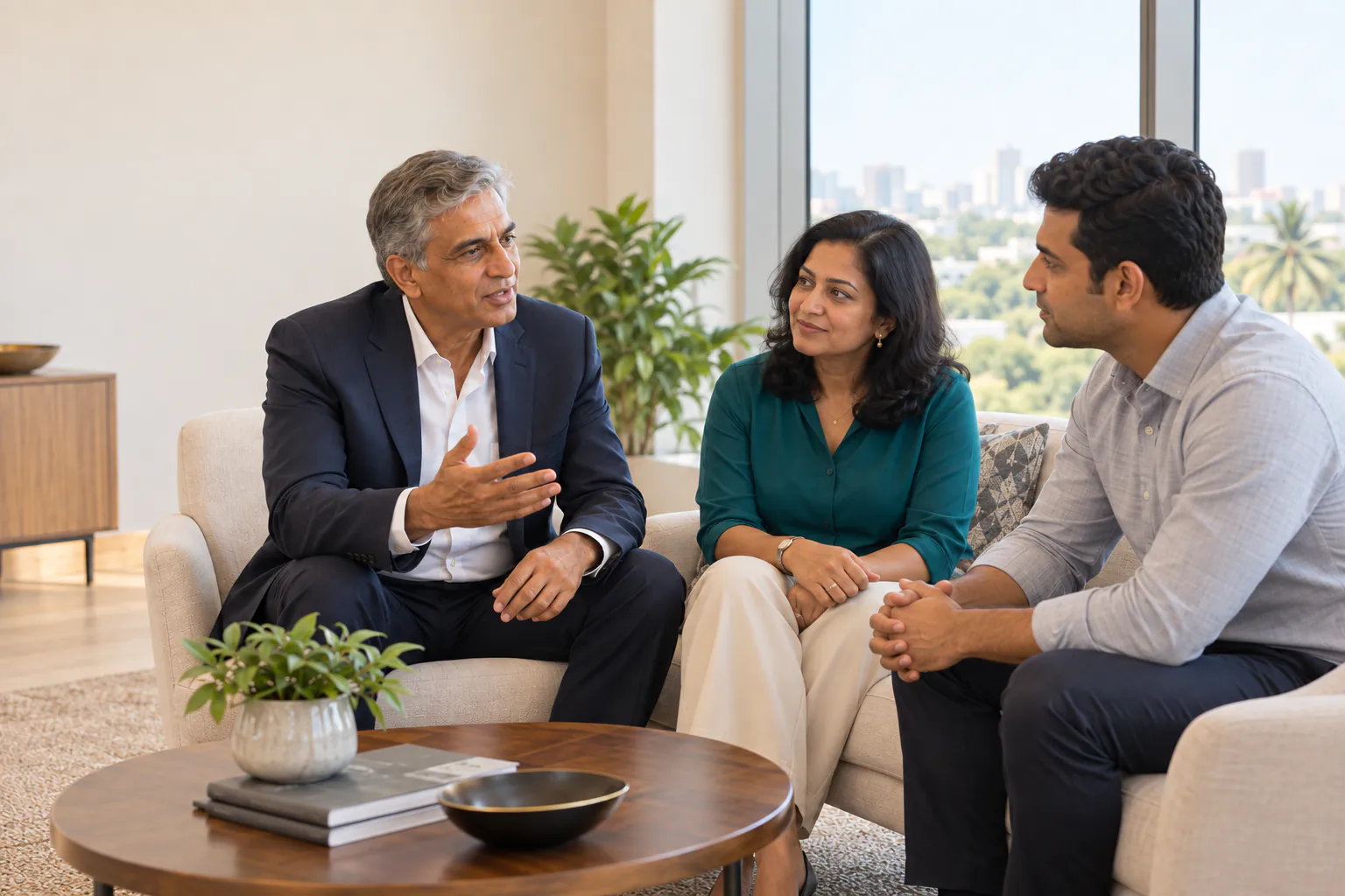 A senior consultant in conversation with two clients in a modern office lounge