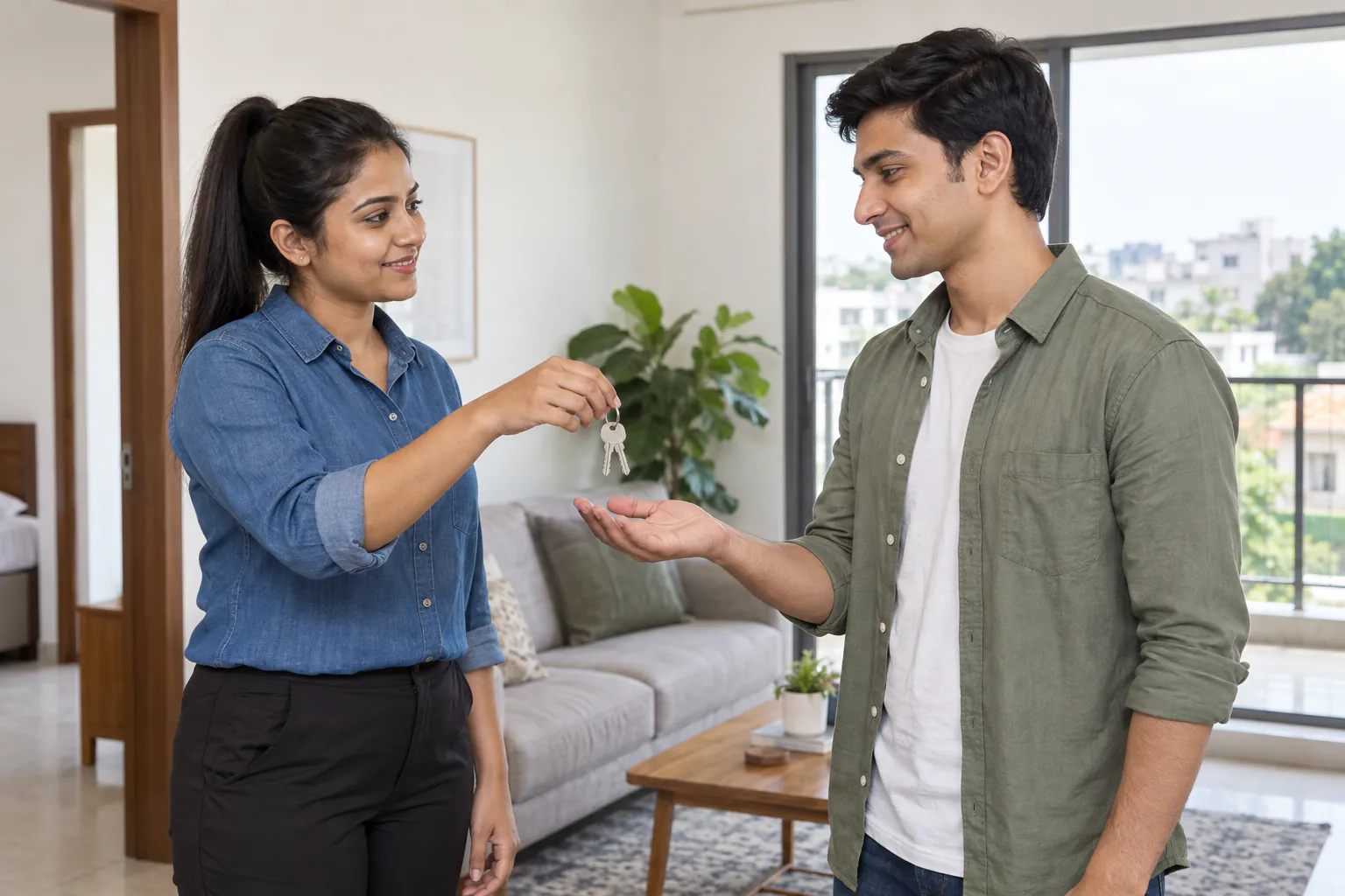 A landlord handing keys to a screened tenant
