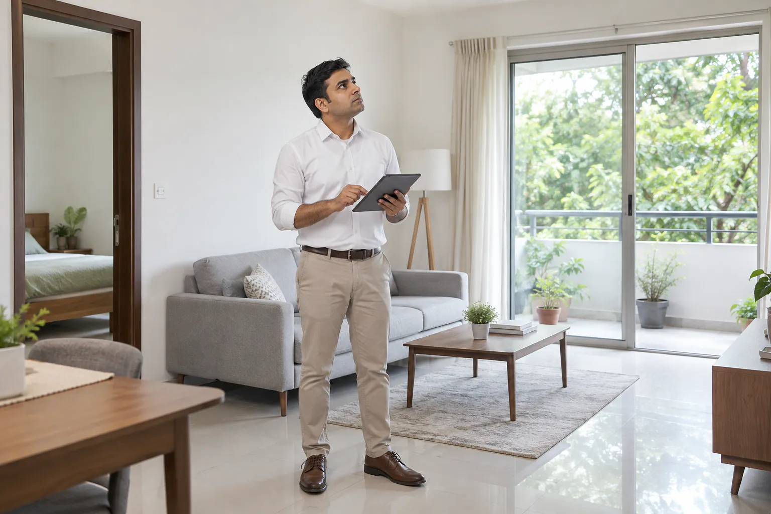 A property manager inspecting a well-kept residential building