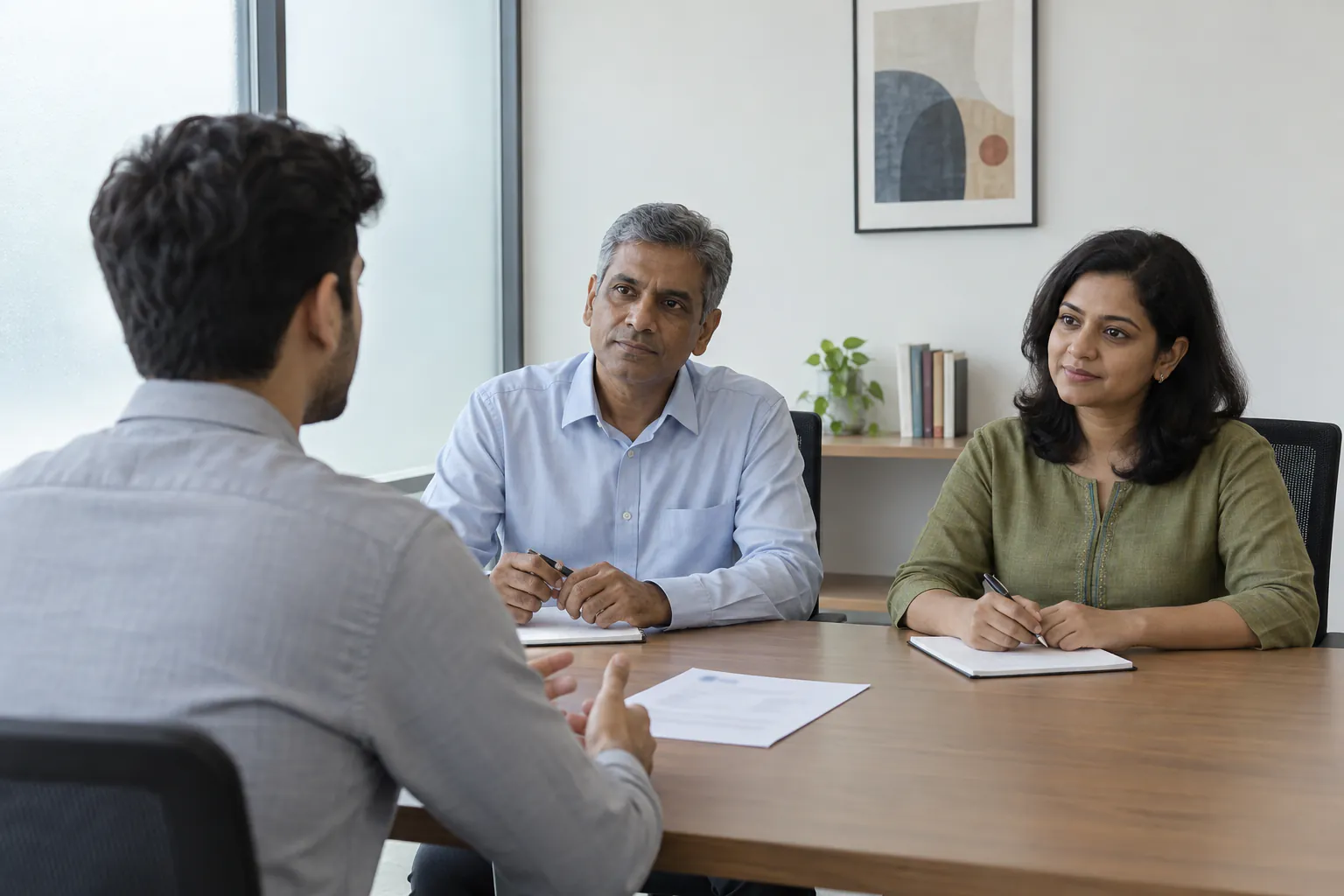 Two interviewers talking with a candidate across a table, a printed CV in front of them