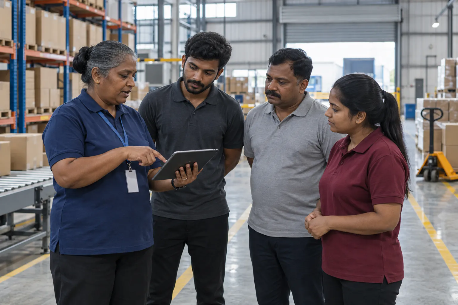 A supervisor with a tablet briefing three staff on a warehouse operations floor