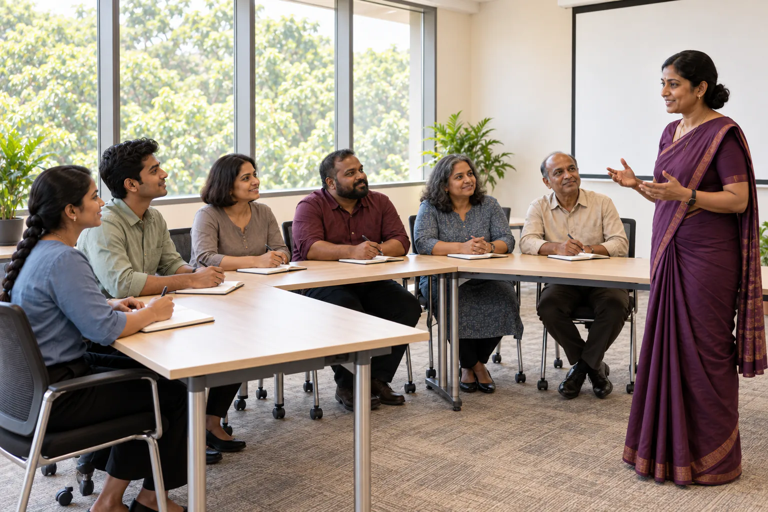 A facilitator presenting to a small, engaged group in a bright training room