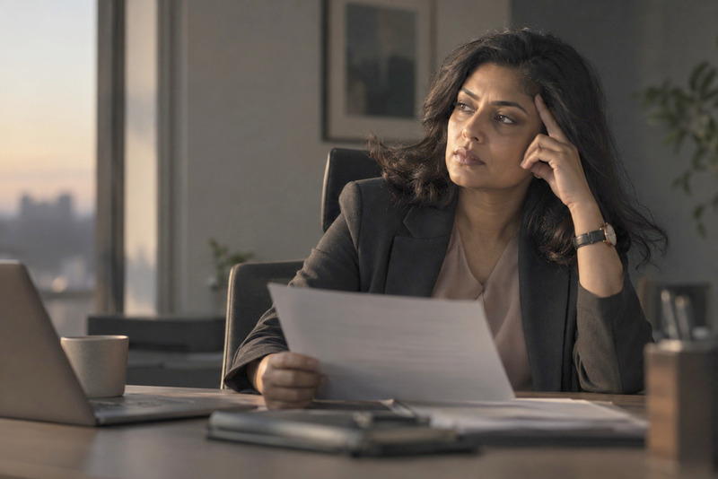 An Indian business leader alone at her desk at dusk, holding a printed CV, her expression serious and concerned
