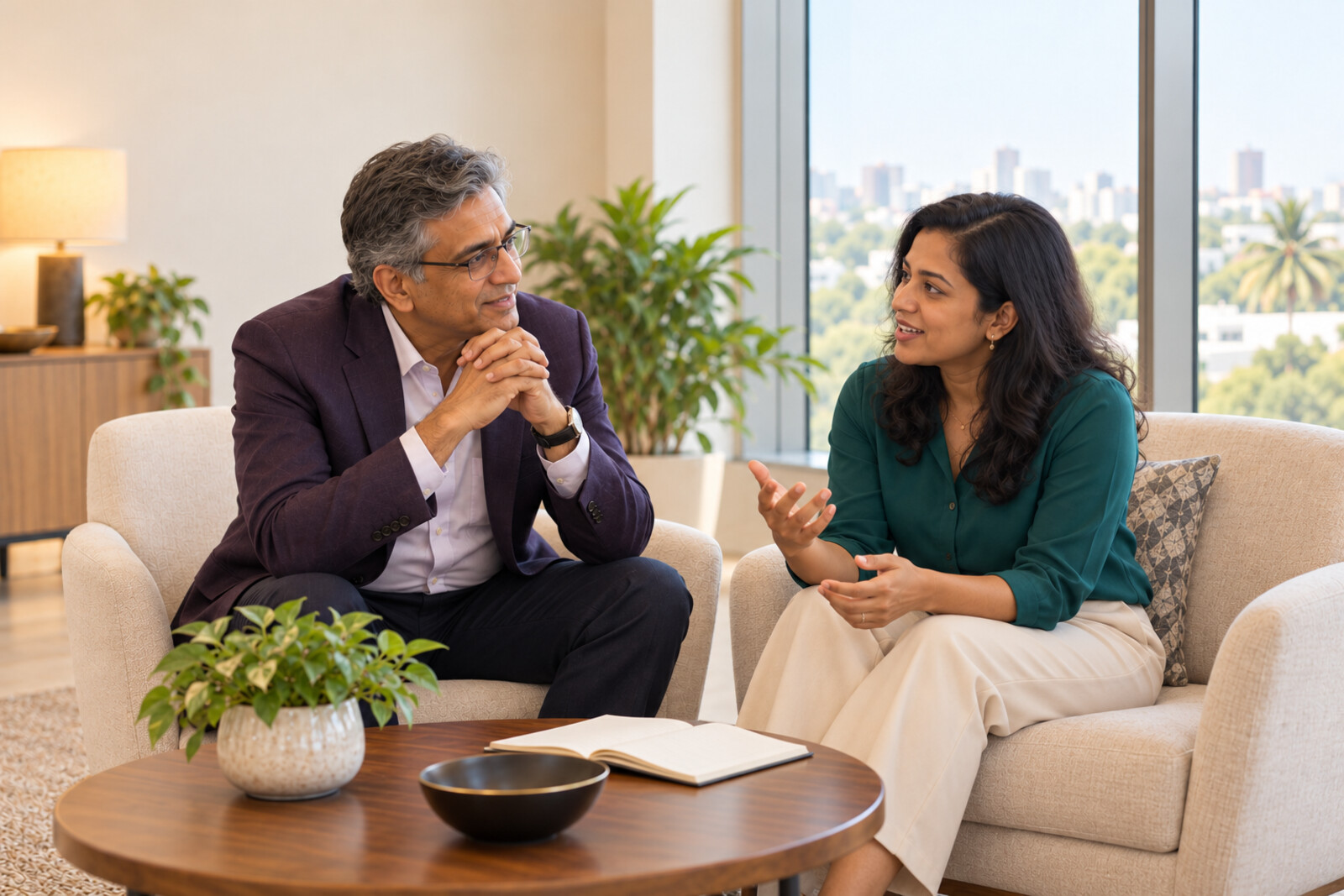 A senior manager and a team member in a warm, unguarded one-to-one conversation in a modern Chennai office, an open notebook on the table between them